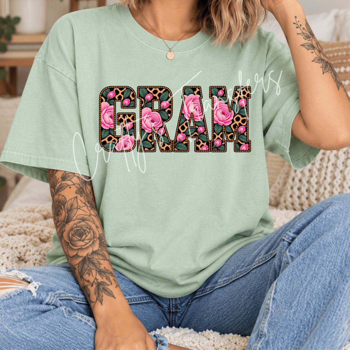 Pink Rose & Leopard Print Grandma Graphic with Vintage Floral Block Letters Mama Mimi Nana