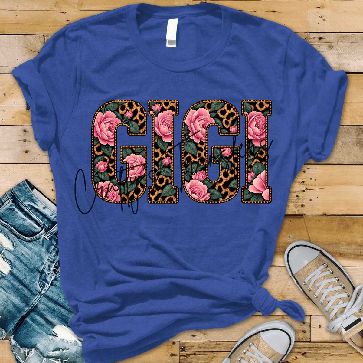 Pink Rose & Leopard Print Grandma Graphic with Vintage Floral Block Letters Mama Mimi Nana