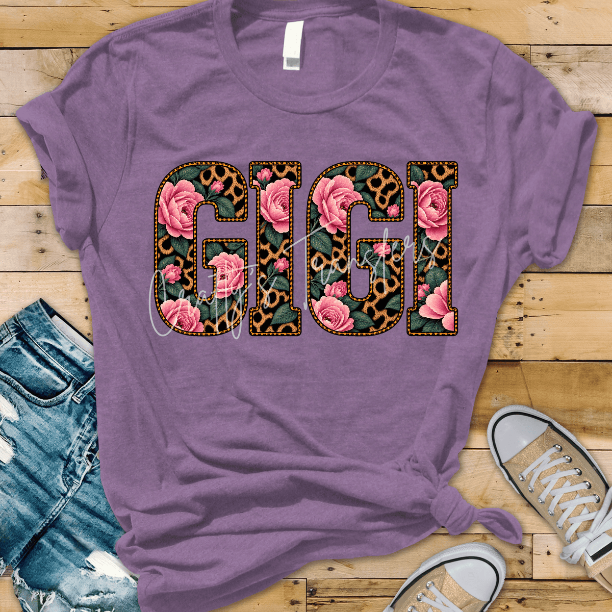 Pink Rose & Leopard Print Grandma Graphic with Vintage Floral Block Letters Mama Mimi Nana