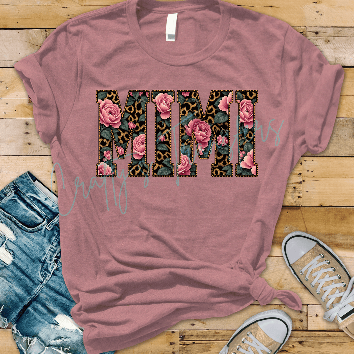 Pink Rose & Leopard Print Grandma Graphic with Vintage Floral Block Letters Mama Mimi Nana