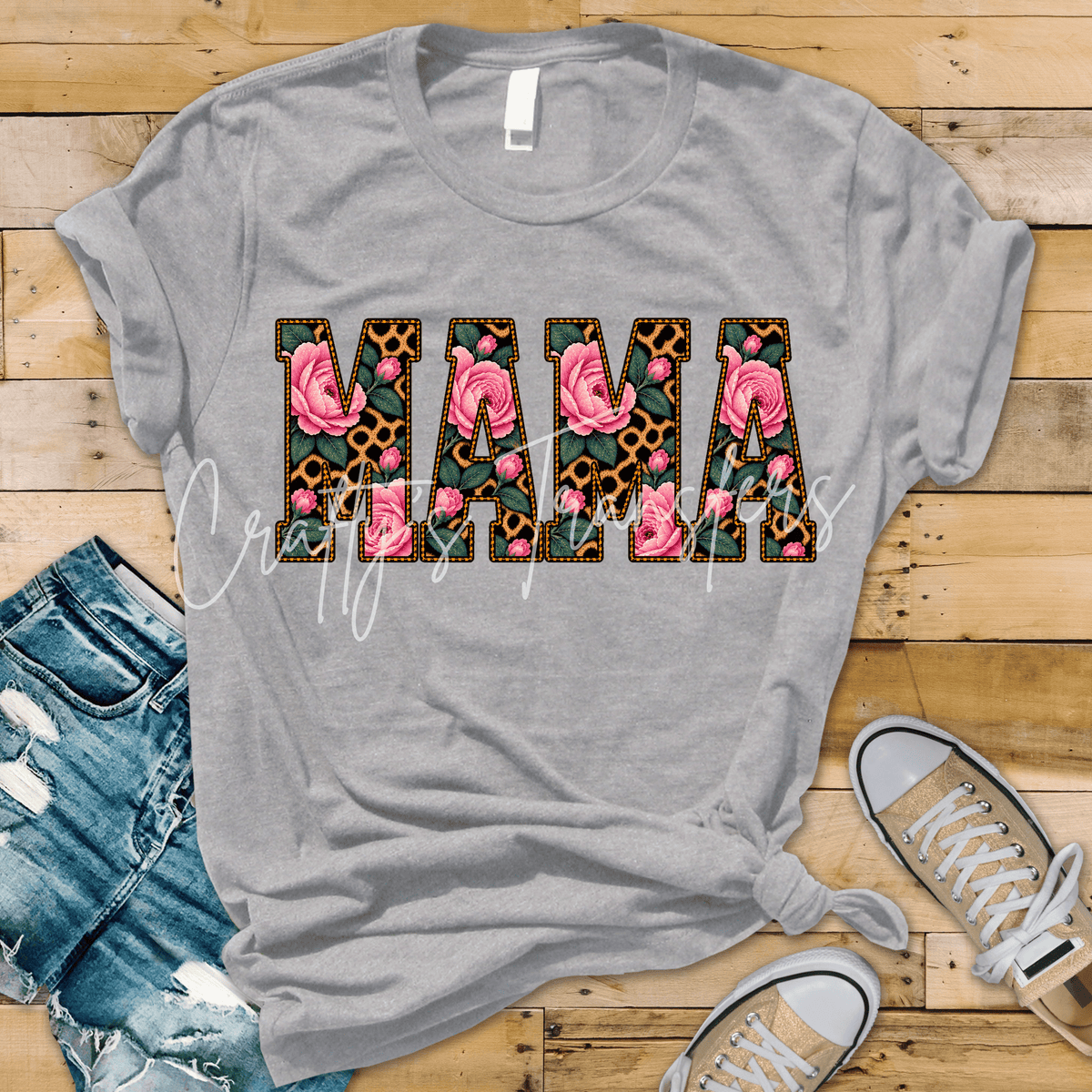 Pink Rose & Leopard Print Grandma Graphic with Vintage Floral Block Letters Mama Mimi Nana
