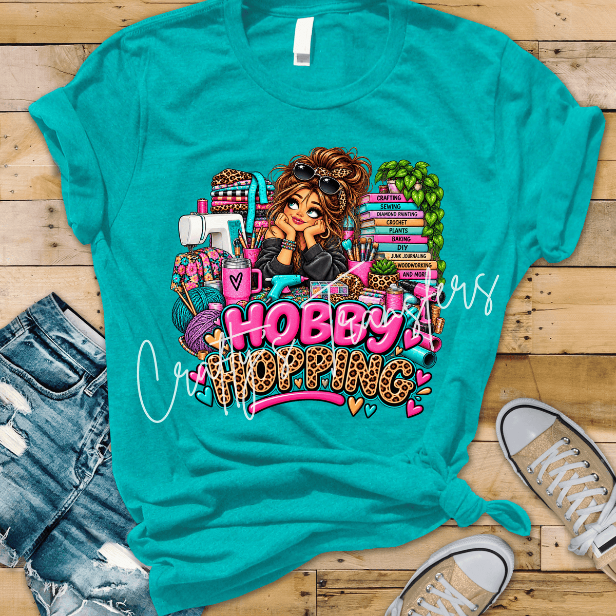 Hobby Hopping DTF Transfer – Funny Crafting Girl Graphic – Colorful Crafter Ready to Press DTF