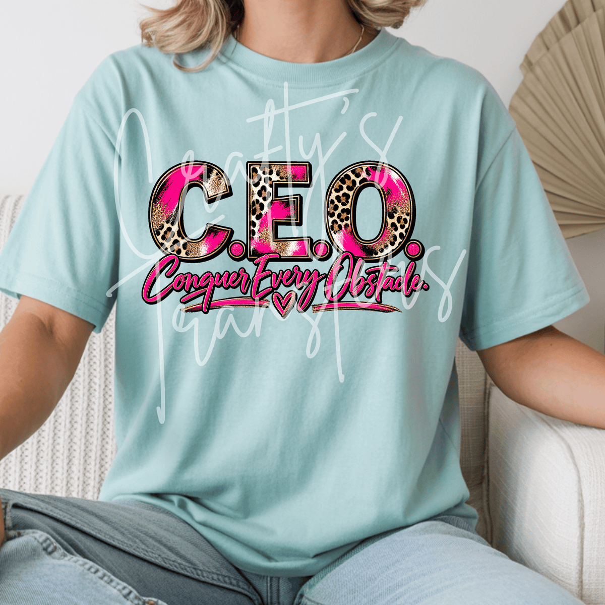 CEO Conquer Every Obstacle DTF Transfer – Pink Leopard Boss Girl Graphic – Ready to Press DTF