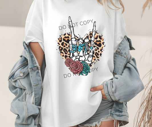 Cheetah Print Heart and Skull Hand with Turquoise Jewels