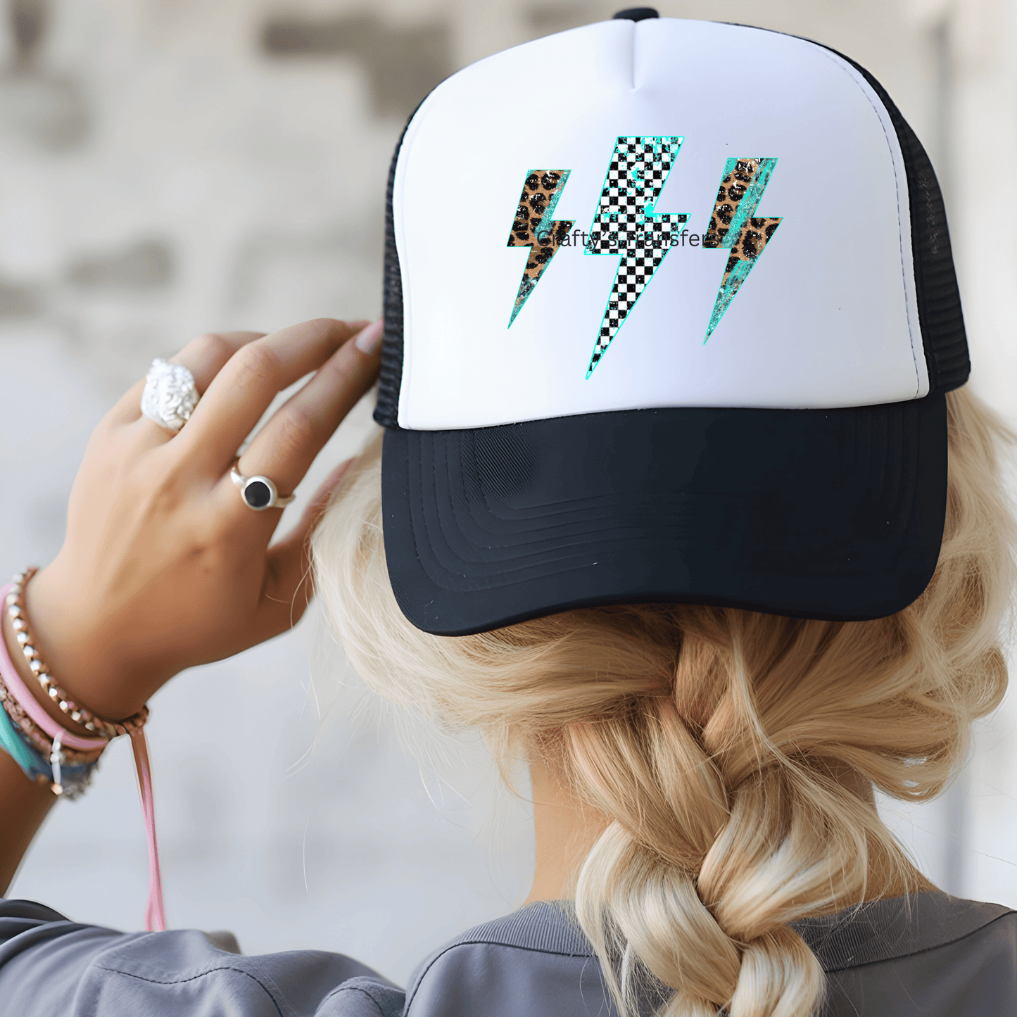 Teal & Cheetah Print Lightning Bolt Hat Transfer