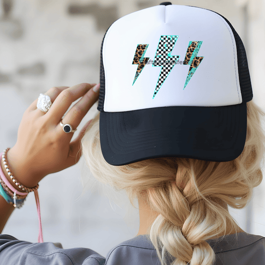 Teal & Cheetah Print Lightning Bolt Hat Transfer