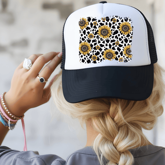 Sunflower Cow Print DTF Trucker Hat Transfer – Western Sunflower Patch | Ready-to-Press Hat Heat Transfer