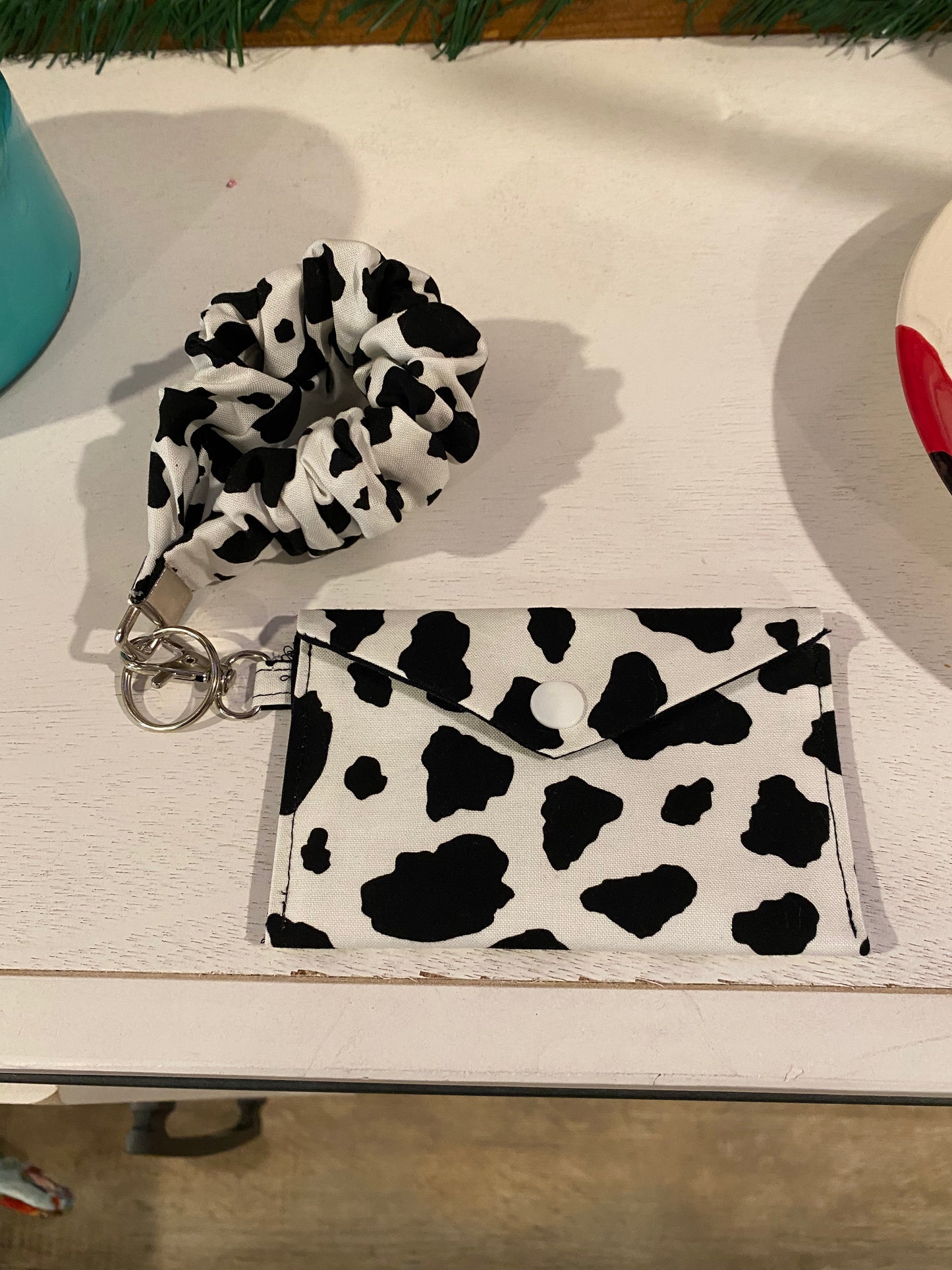 Black & White Cow Print Card Wallet with Scrunchie Wristlet | Cotton Fabric Mini Wallet