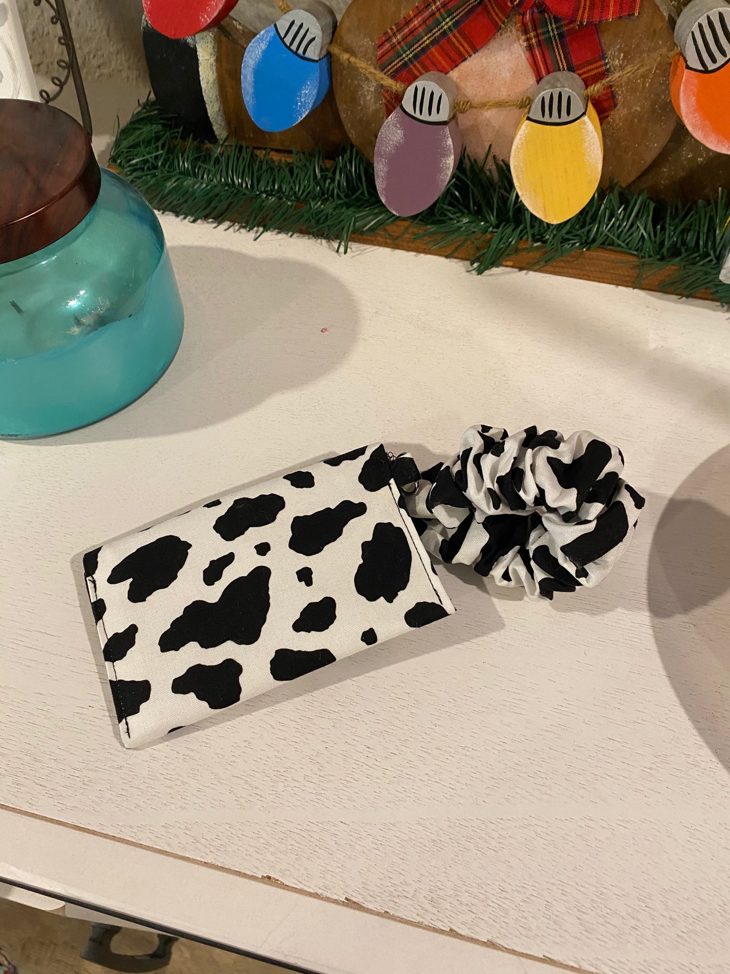 Black & White Cow Print Card Wallet with Scrunchie Wristlet | Cotton Fabric Mini Wallet