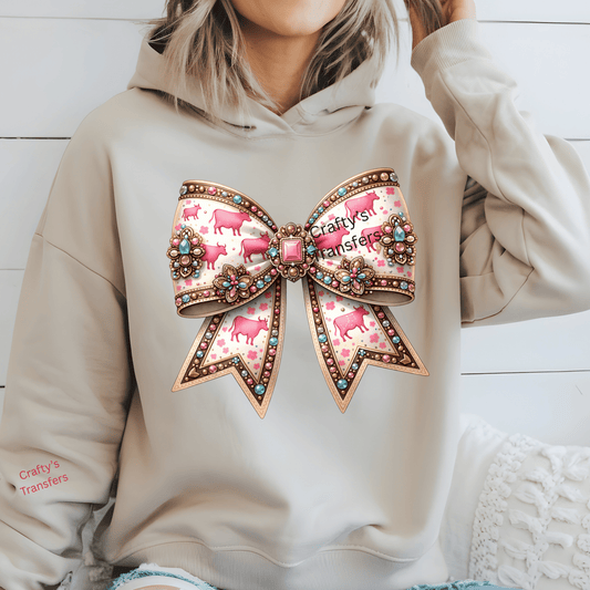 Pink Cow Western Bow DTF Transfer – Jeweled Cowgirl Glam Ribbon Shirt Design – Ready to Press