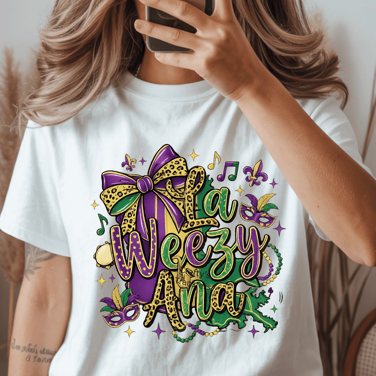 La Weezy Ana Mardi Gras DTF Transfer | New Orleans Cajun Mardi Gras Shirt Transfer | Purple Green Gold Leopard Bow Design