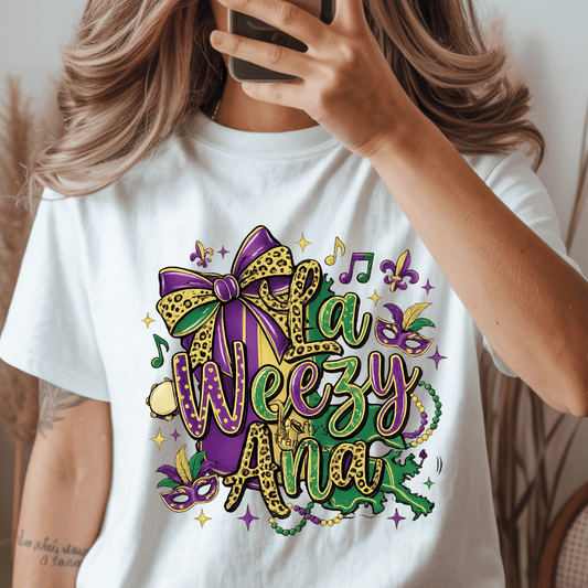 La Weezy Ana Mardi Gras DTF Transfer | New Orleans Cajun Mardi Gras Shirt Transfer | Purple Green Gold Leopard Bow Design