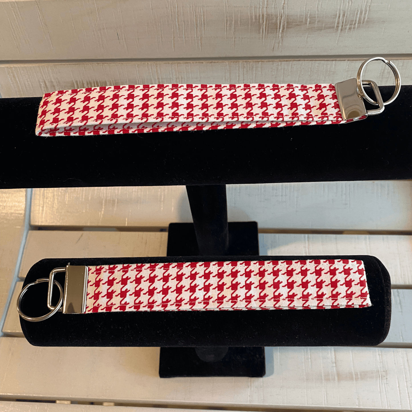 Red & White Houndstooth Keychain Wristlet | Fabric Key Chain Strap | Cute Everyday Key Fob
