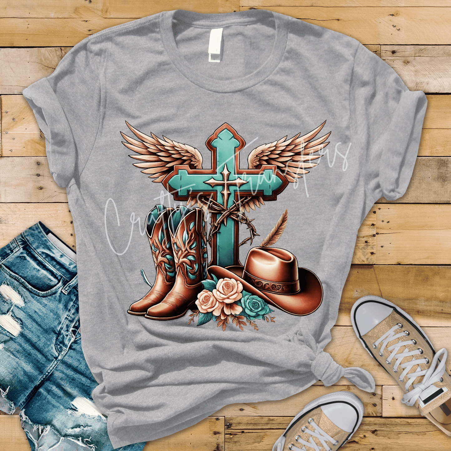 Western Cross DTF Transfer | Turquoise Christian Cowgirl Shirt Transfer | Cowboy Boots & Hat Faith Heat Transfer | Ready to Press