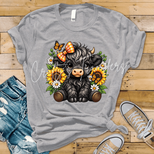 Highland Cow Sunflower DTF Transfer | Cute Black Cow Fall Floral Shirt Transfer