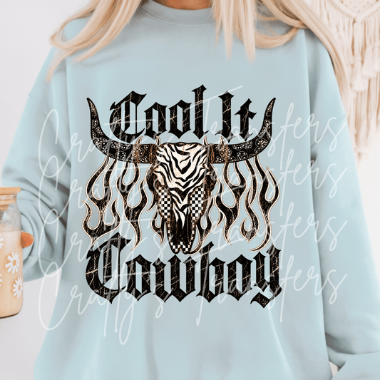 Cool It Cowboy DTF Transfer – Western Longhorn Skull Flame Graphic – Ready to Press DTF