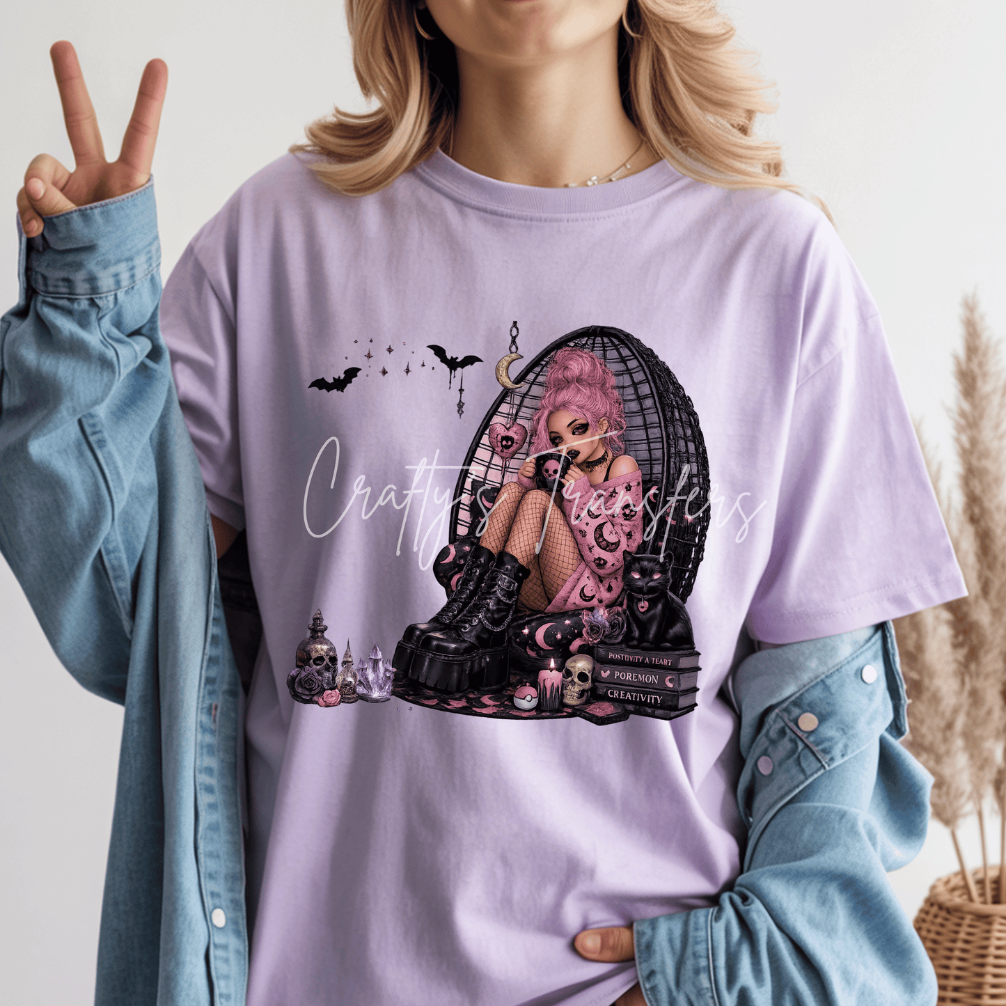 Pastel Goth Girl DTF Transfer | Spooky Pink Aesthetic Halloween Heat Transfer | Gothic Coffee Lover Graphic | Witchy Black Cat Shirt Transfer