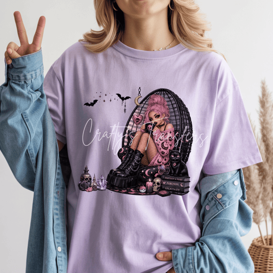 Pastel Goth Girl DTF Transfer | Spooky Pink Aesthetic Halloween Heat Transfer | Gothic Coffee Lover Graphic | Witchy Black Cat Shirt Transfer