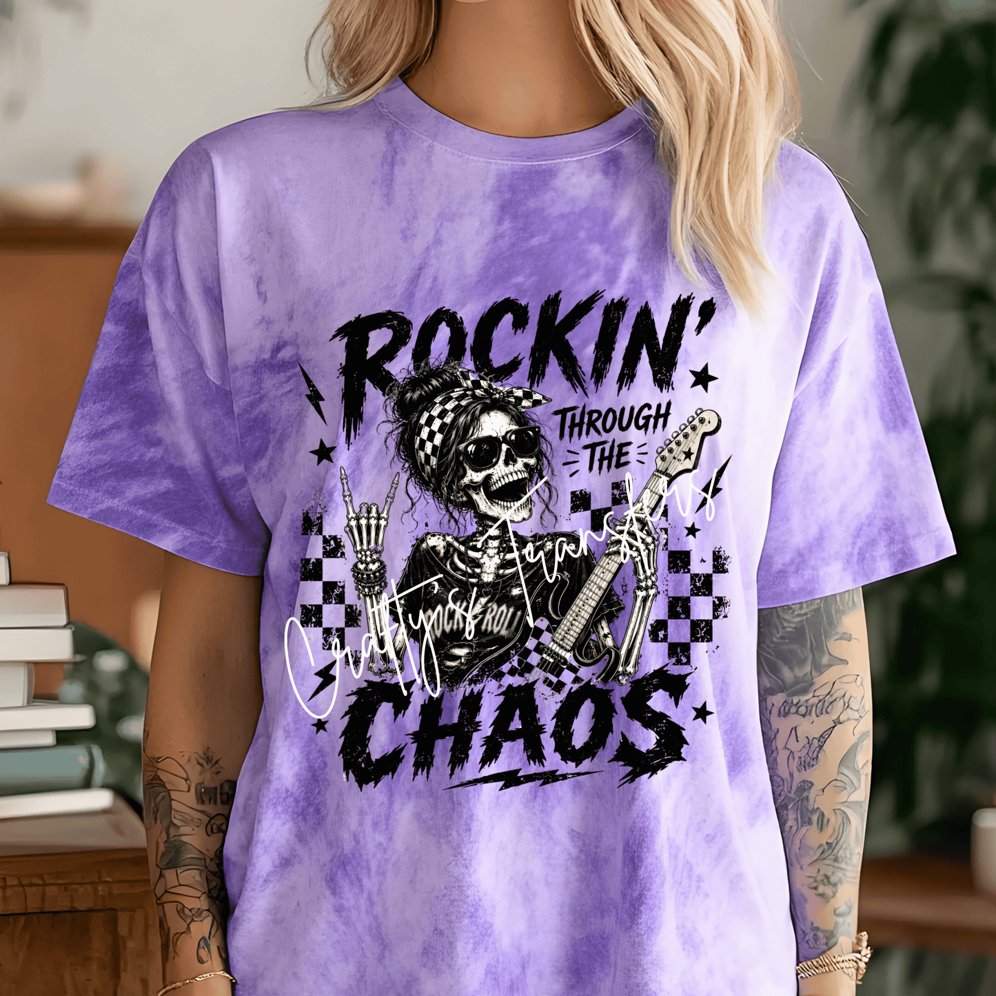 Rockin' Through the Chaos DTF Transfer | Skeleton Guitar Rock Shirt Transfer | Rock & Roll Halloween Heat Transfer | Alternative Gothic Boutique Design