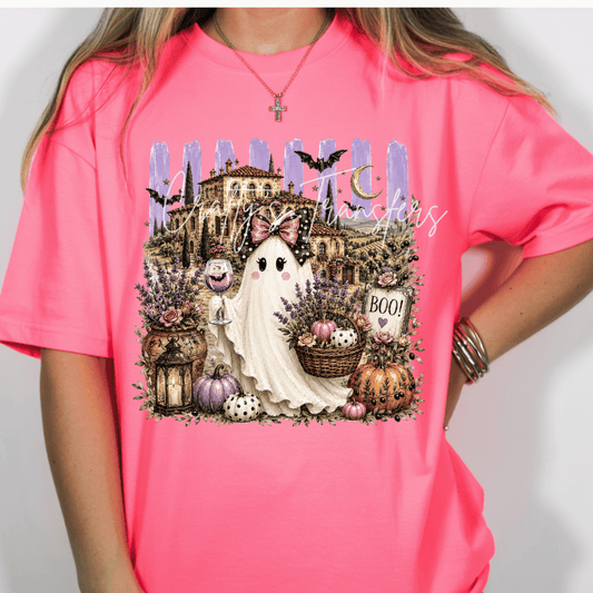 Coquette Ghost Halloween DTF Transfer | Spooky Lavender Cottagecore Ghost with Wine | Pink Bow Pumpkin Fall Shirt Transfer