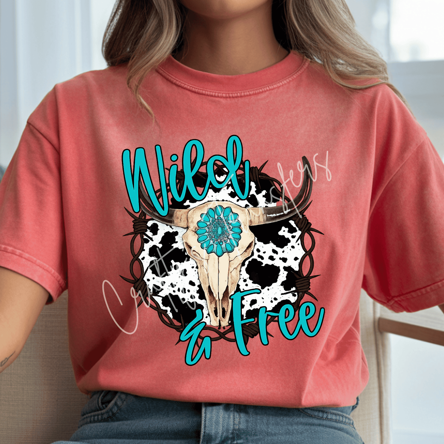 Wild & Free DTF Transfer | Western Cow Skull Shirt Transfer | Turquoise Cow Print Cowgirl Graphic | Rustic Western Boutique Heat Transfer