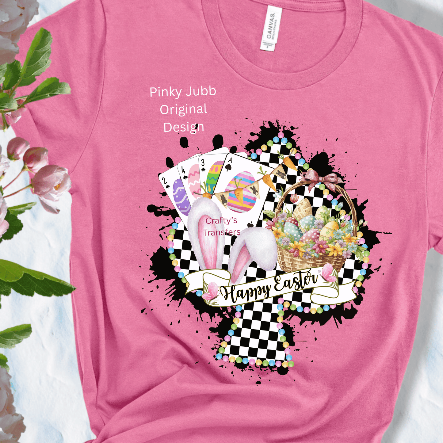 Happy Easter Cross DTF Transfer – Bunny Ears & Easter Basket Shirt Design – Faith Based Heat Press Transfer