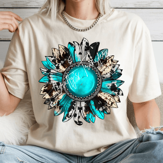 Turquoise Concho Feather DTF Transfer | Cow Print Western Sunflower Design | Boho Cowgirl Graphic | Rustic Boutique Shirt Transfer
