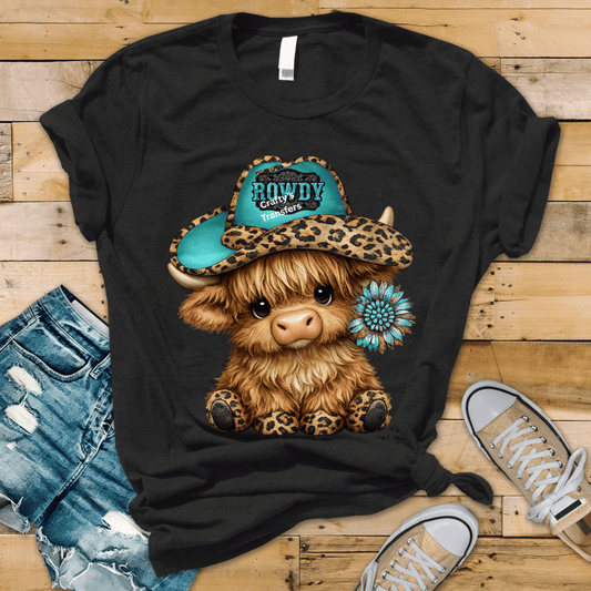 Cute Highland Cow (with patch on hat) DTF Transfer | Turquoise Cowgirl Hat Western Design | Leopard Print Cow | Western Shirt Transfer Boutique Style (Copy)