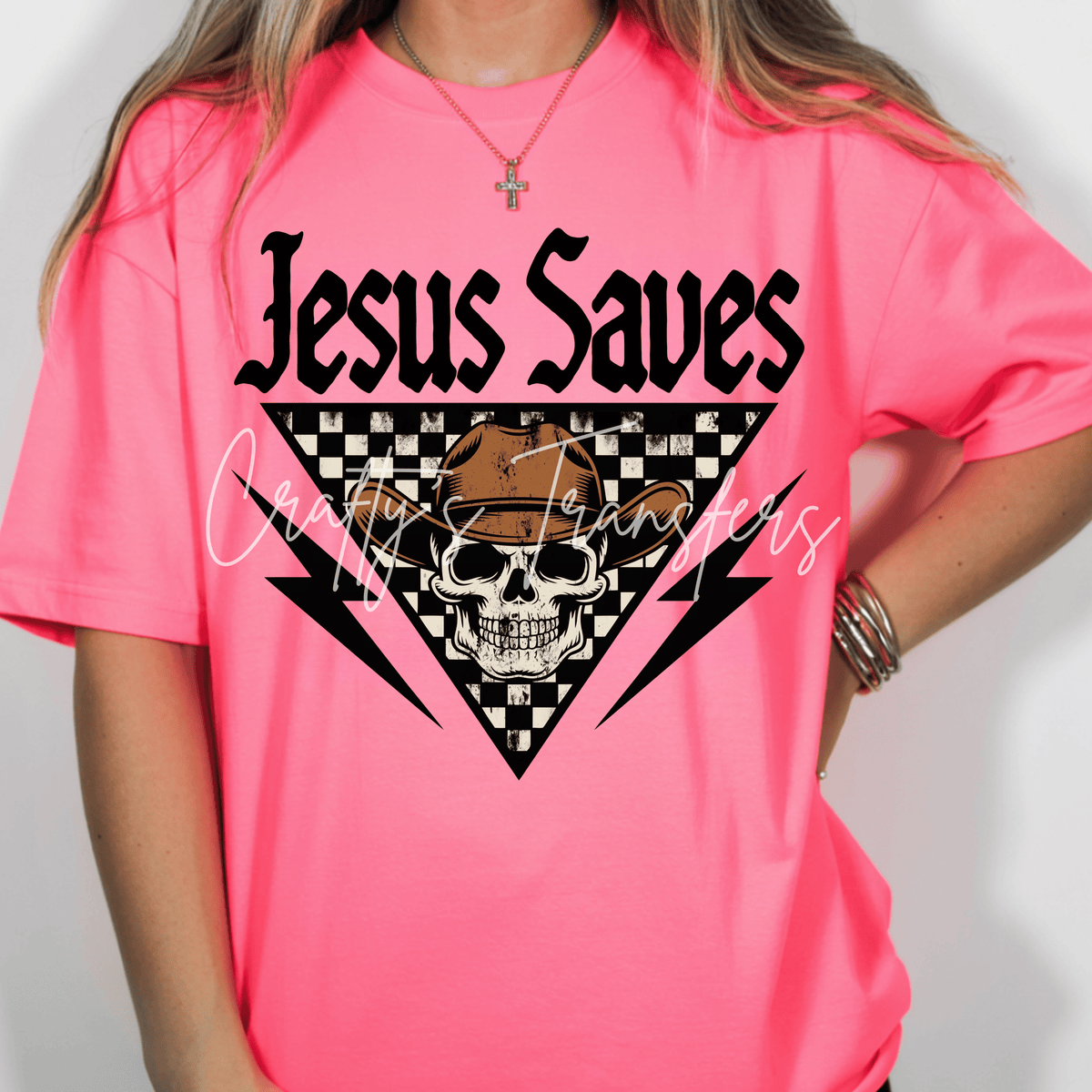 Jesus Saves Western Skull DTF Transfer – Cowboy Hat Checkered Faith Shirt Design