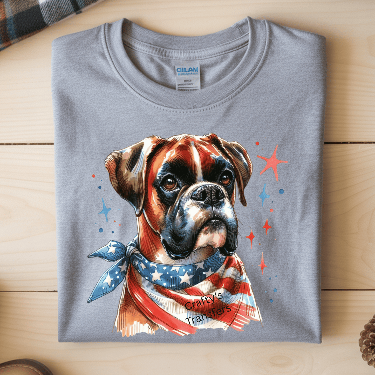 Patriotic Boxer Dog DTF Transfer | 4th of July Dog with American Flag Bandana | Cute USA Puppy Shirt Design | Independence Day Graphic