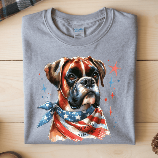Patriotic Boxer Dog DTF Transfer | 4th of July Dog with American Flag Bandana | Cute USA Puppy Shirt Design | Independence Day Graphic