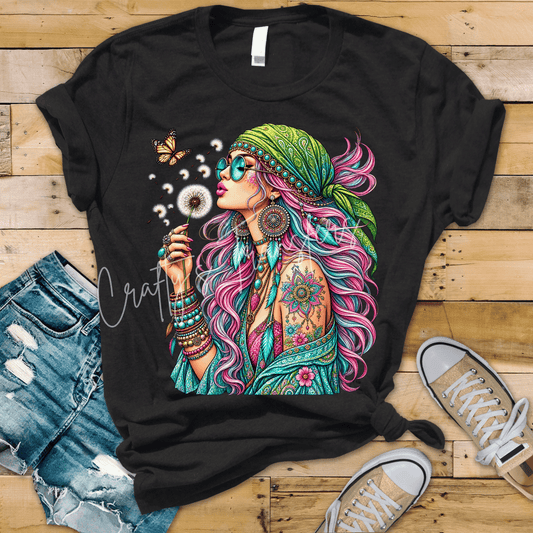 Boho Hippie Girl DTF Transfer | Colorful Dandelion Free Spirit Graphic | Turquoise Pink Bohemian Shirt Transfer