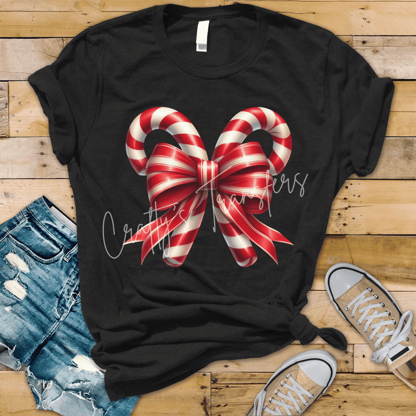 Candy Cane Bow DTF Transfer – Red & White Christmas Ribbon Holiday Design