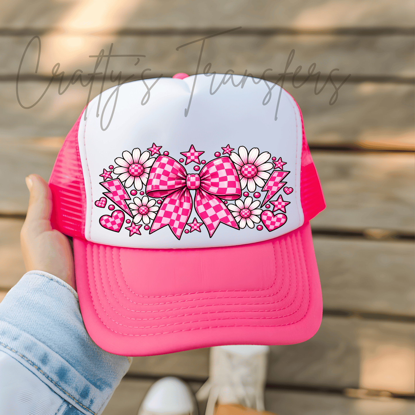 Pink Check Bow DTF Hat Transfer