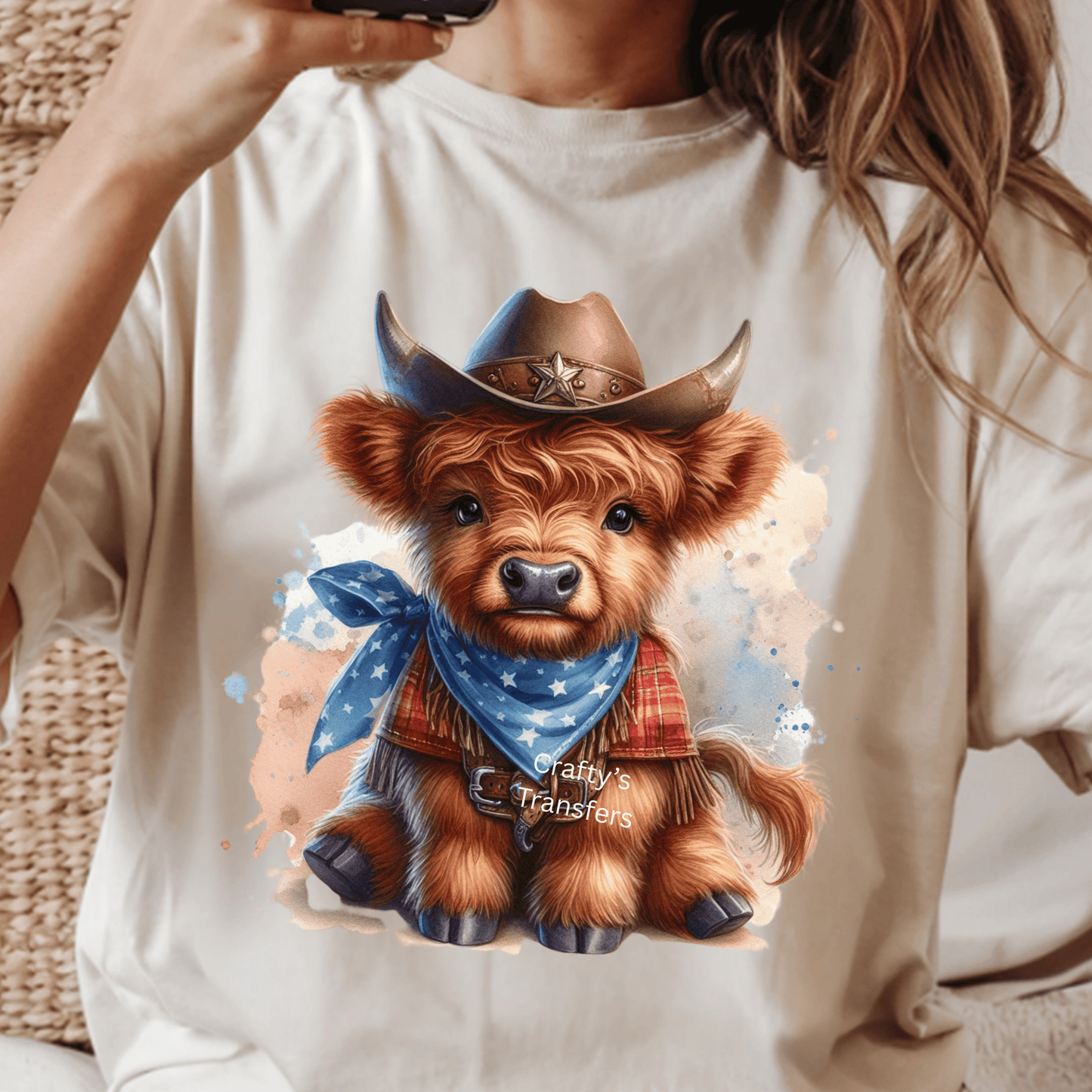 Patriotic Highland Cow DTF Transfer | Cowboy Cow with American Bandana | Western USA Shirt Heat Transfer
