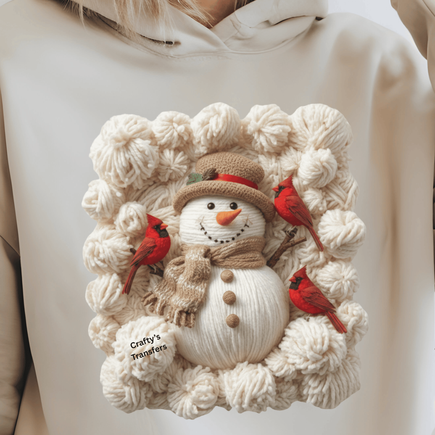 Cozy Snowman with Cardinals DTF Transfer | Winter Faux Yarn Snowman Heat Transfer Design