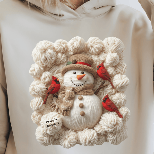 Cozy Snowman with Cardinals DTF Transfer | Winter Faux Yarn Snowman Heat Transfer Design