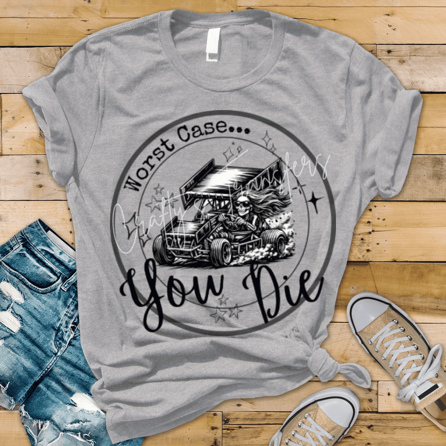 Skeleton Girl Sprint Car DTF Transfer | Dirt Track Racing Graphic | Retro Sprint Car Shirt Design for Race Fans