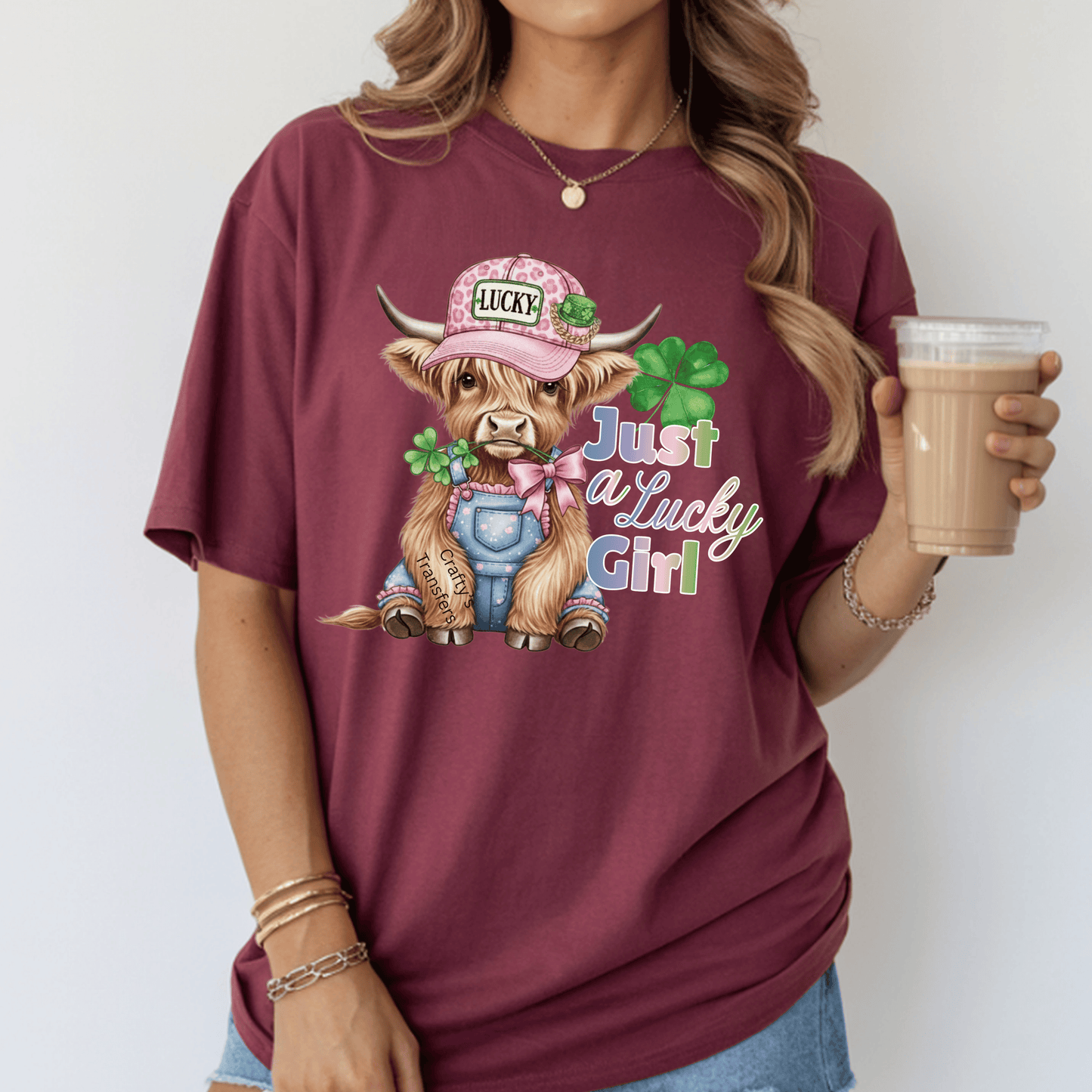 Just a Lucky Girl Highland Cow DTF Transfer | St. Patrick’s Day Cow Heat Transfer Shirt Design
