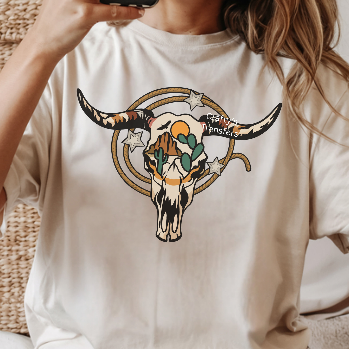 Western Steer Skull DTF Transfer – Desert Skull with Cactus & Rope – Boho Western Heat Transfer – Ready to Press