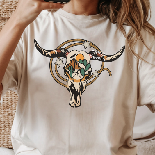 Western Steer Skull DTF Transfer – Desert Skull with Cactus & Rope – Boho Western Heat Transfer – Ready to Press