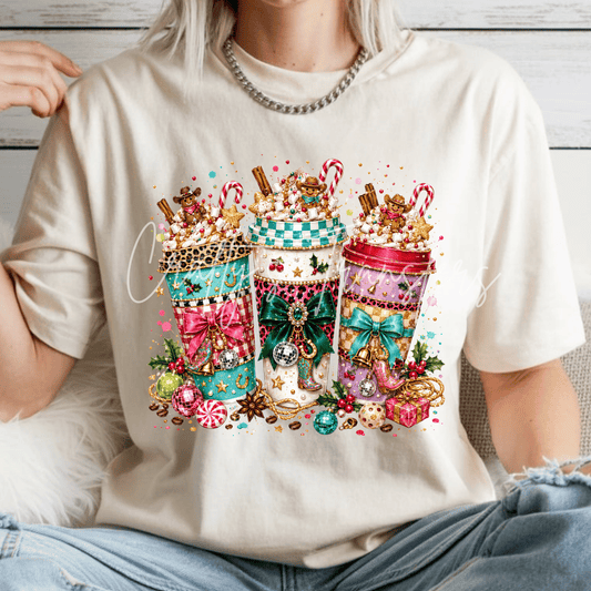 Western Christmas Coffee DTF Transfer | Cowgirl Holiday Cup Leopard Bow Shirt Transfer