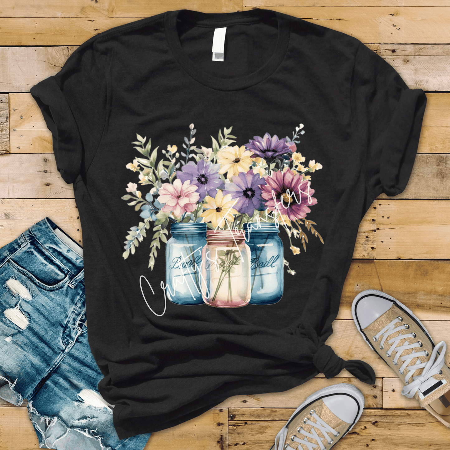 Floral Mason Jar DTF Transfer – Watercolor Wildflower Bouquet Design – Rustic Farmhouse Flower Graphic Tee Transfer