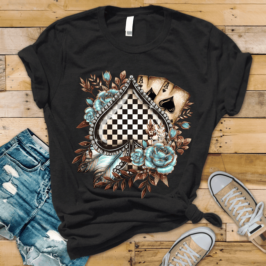 Western Checkered Spade DTF Transfer | Turquoise Floral Playing Card Cowgirl Heat Transfer