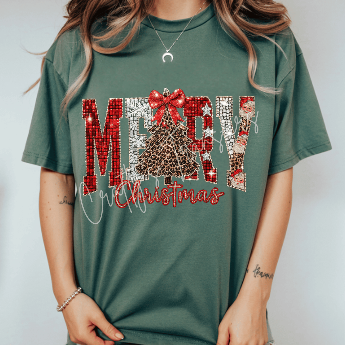 Merry Christmas Leopard Tree DTF Transfer | Sparkle Red Silver Holiday Shirt Transfer