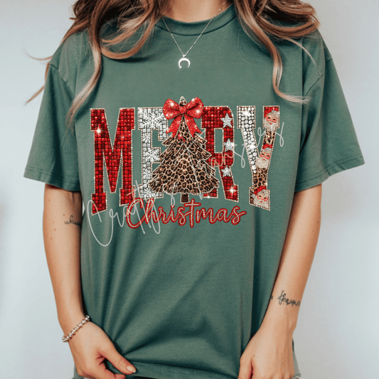 Merry Christmas Leopard Tree DTF Transfer | Sparkle Red Silver Holiday Shirt Transfer