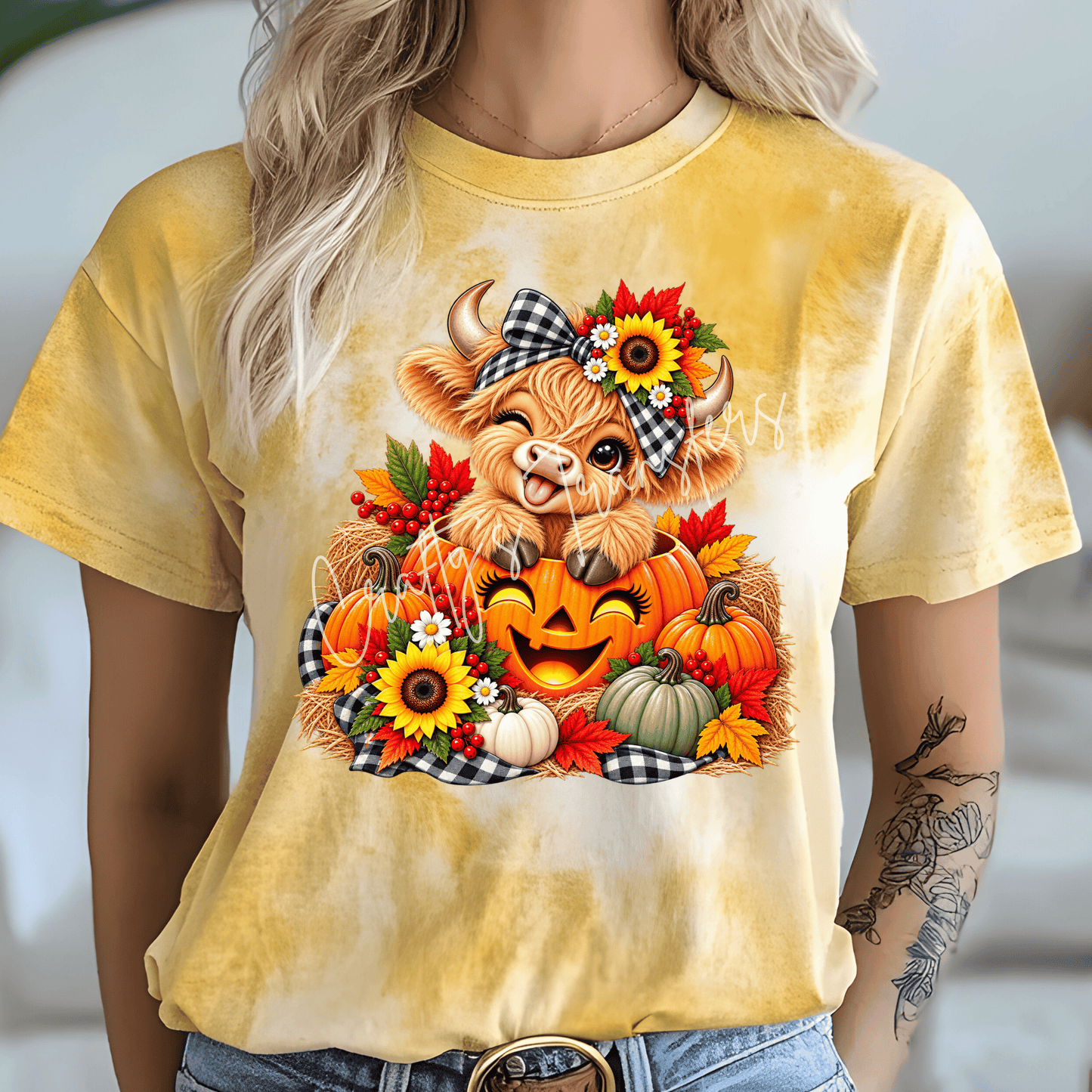 Cute Highland Cow Pumpkin DTF Transfer | Fall Highland Cow Graphic | Autumn Pumpkin & Sunflower Heat Transfer | Cute Farm Animal Design
