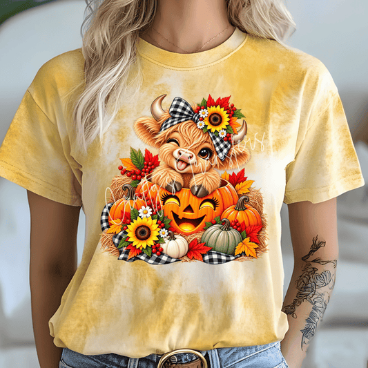 Cute Highland Cow Pumpkin DTF Transfer | Fall Highland Cow Graphic | Autumn Pumpkin & Sunflower Heat Transfer | Cute Farm Animal Design