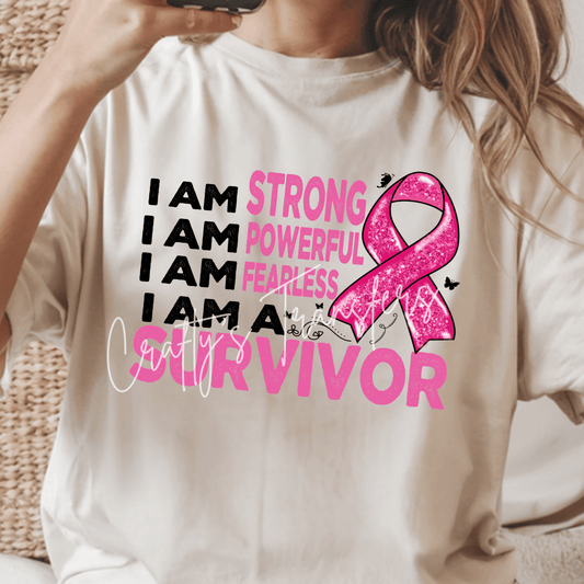 Breast Cancer Survivor DTF Transfer – Strong Powerful Fearless Pink Ribbon Design