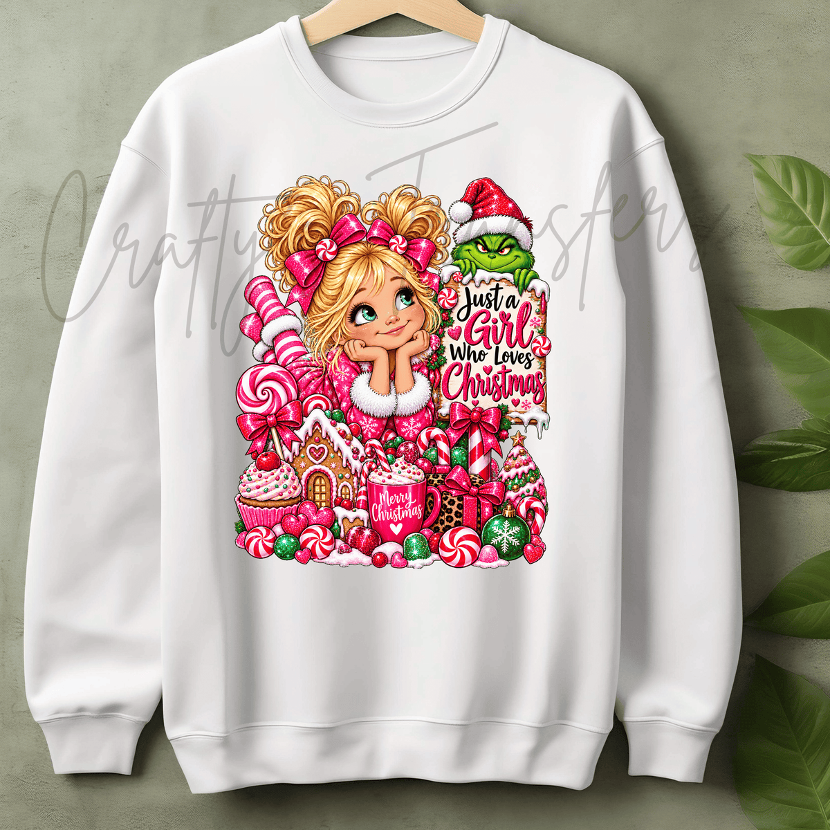 Just a Girl Who Loves Christmas DTF Transfer – Pink Candy Christmas Girl Design – Cute Holiday DTF